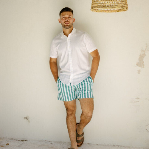 SHORT DE BAÑO LIBERATO BASICS BLANCO CELESTE RAYAS VERDES